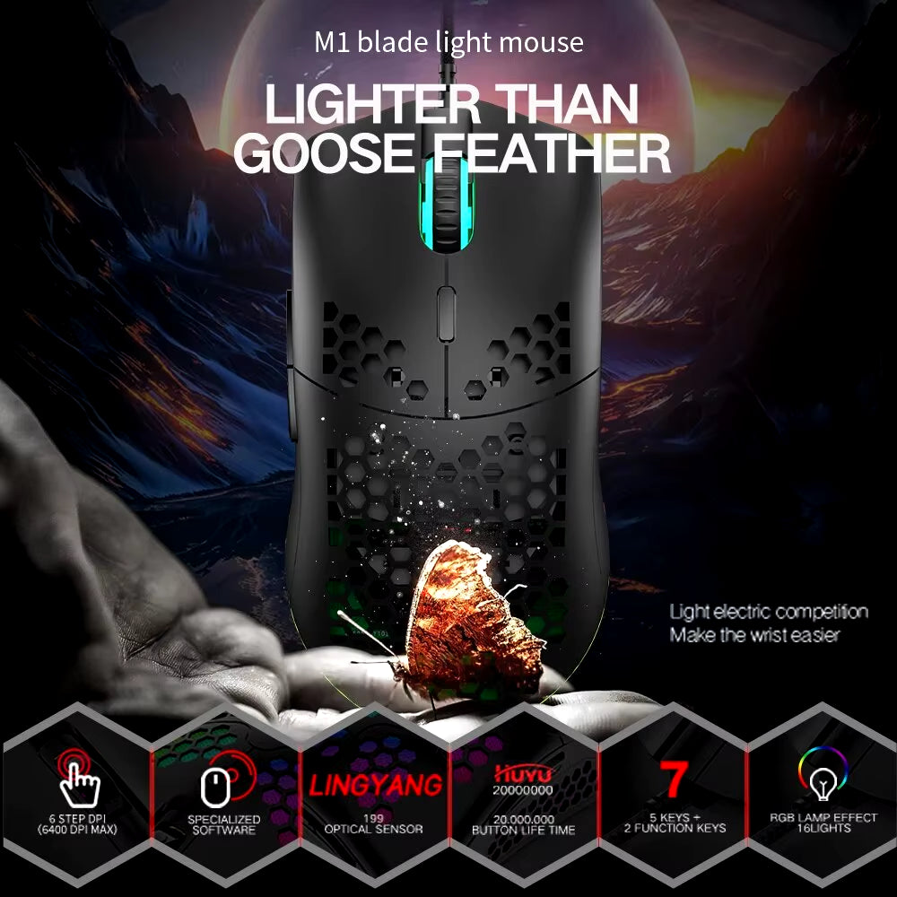 M1 Ultralight Wired Gaming Mouse - 69G Honeycomb Design, RGB Chroma Backlighting, 6400 DPI, Ergonomic for Laptop and PC Gamers