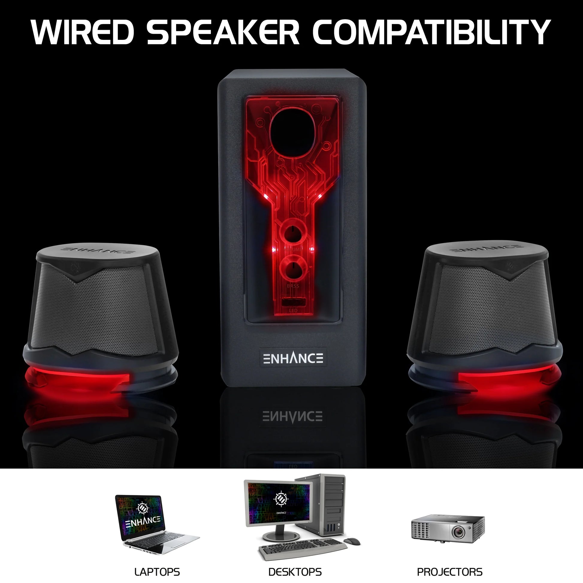 Elevate Your Desktop Sound with SB 2.1 Speakers! 🎶🔥 Subwoofer, Red LED Lights & Custom Volume/Bass Control!