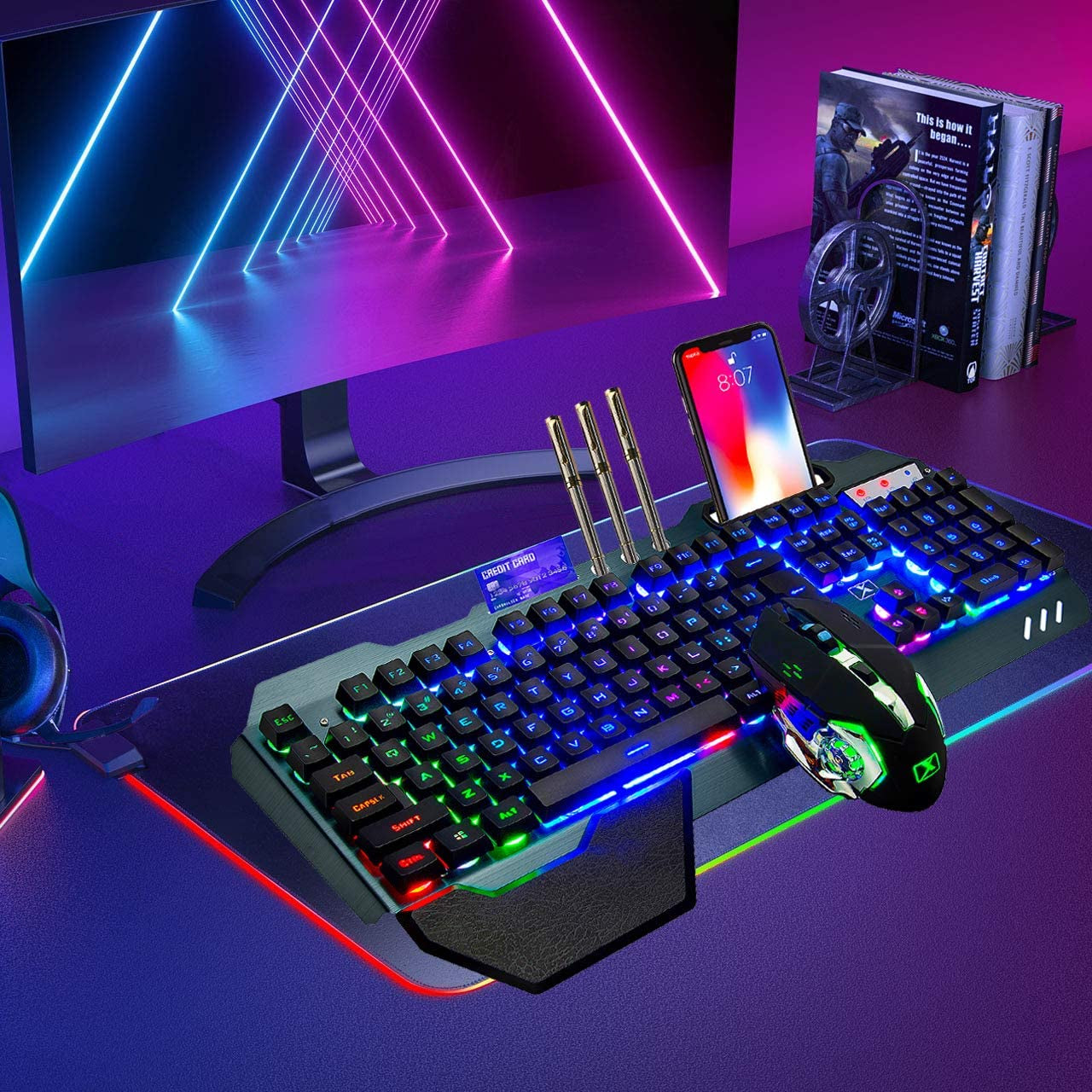 Ultimate Wireless Gaming Keyboard and Mouse Combo - Rechargeable Rainbow Backlit, 3800mAh Battery, Metal Panel, Mechanical Feel, Removable Hand Rest, 7-Color Mute Mouse for PC Gamers