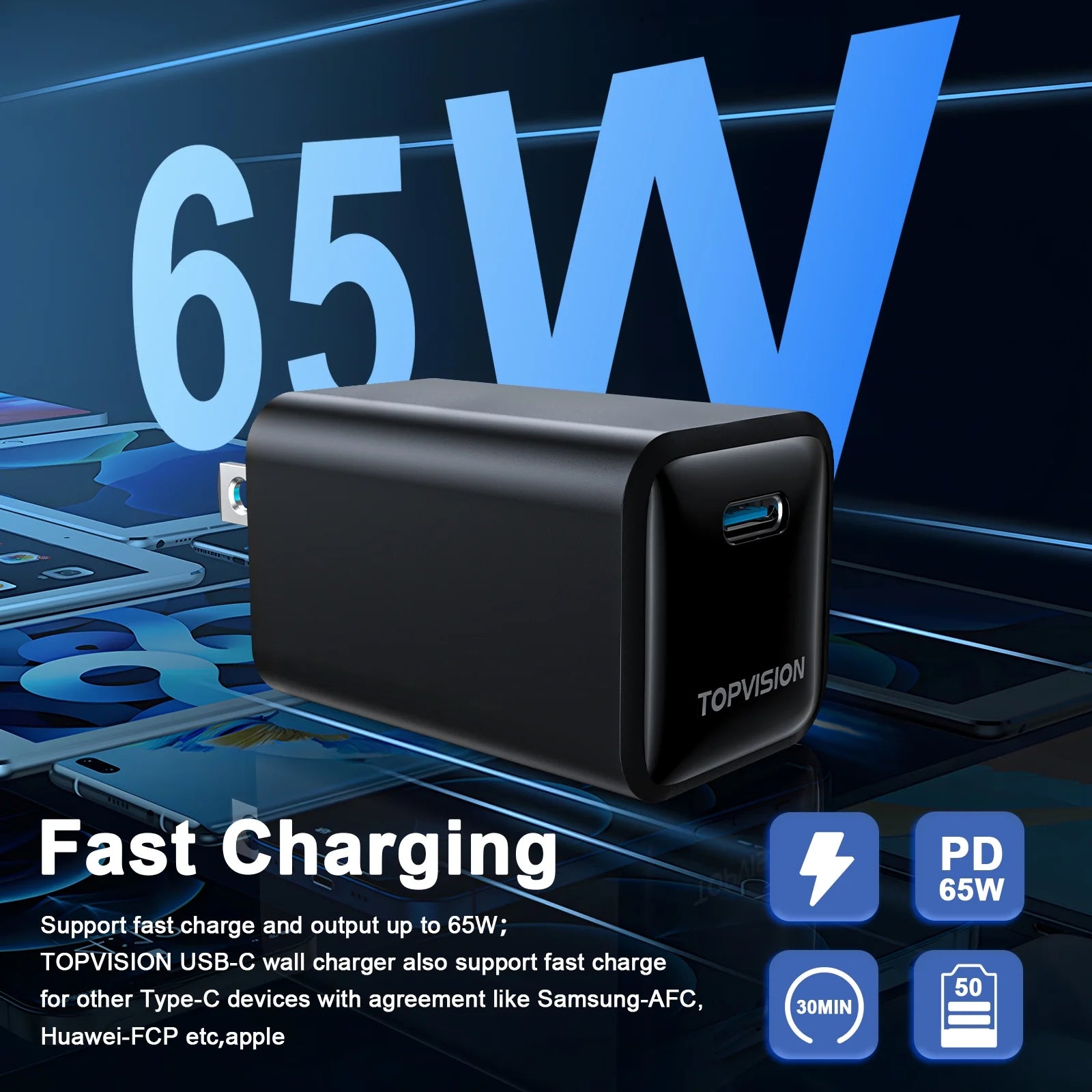 65W USB-C Fast Charging Wall Adapter for Apple and Android Devices, Single Pack