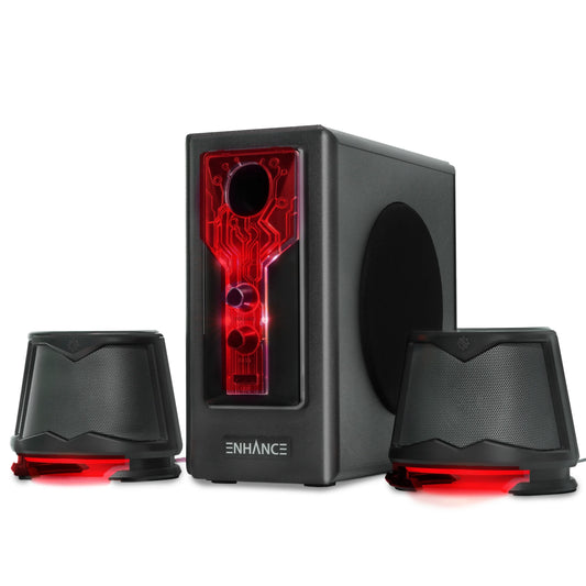 Elevate Your Desktop Sound with SB 2.1 Speakers! 🎶🔥 Subwoofer, Red LED Lights & Custom Volume/Bass Control!