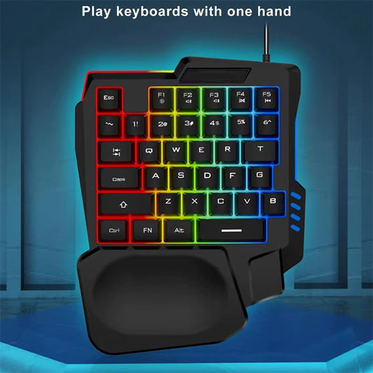 Ergonomic Single-Handed USB Wired Gaming Keyboard with 35 Keys and RGB Backlighting for Laptops and Desktops