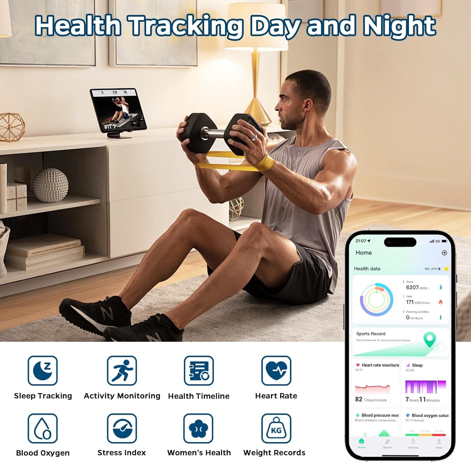 Smart Health Tracker Ring - Waterproof Fitness & Sleep Monitor with Heart Rate, Activity Tracking, Air Gestures, 7-Day Battery Life for iOS & Android (Black, Size #10)