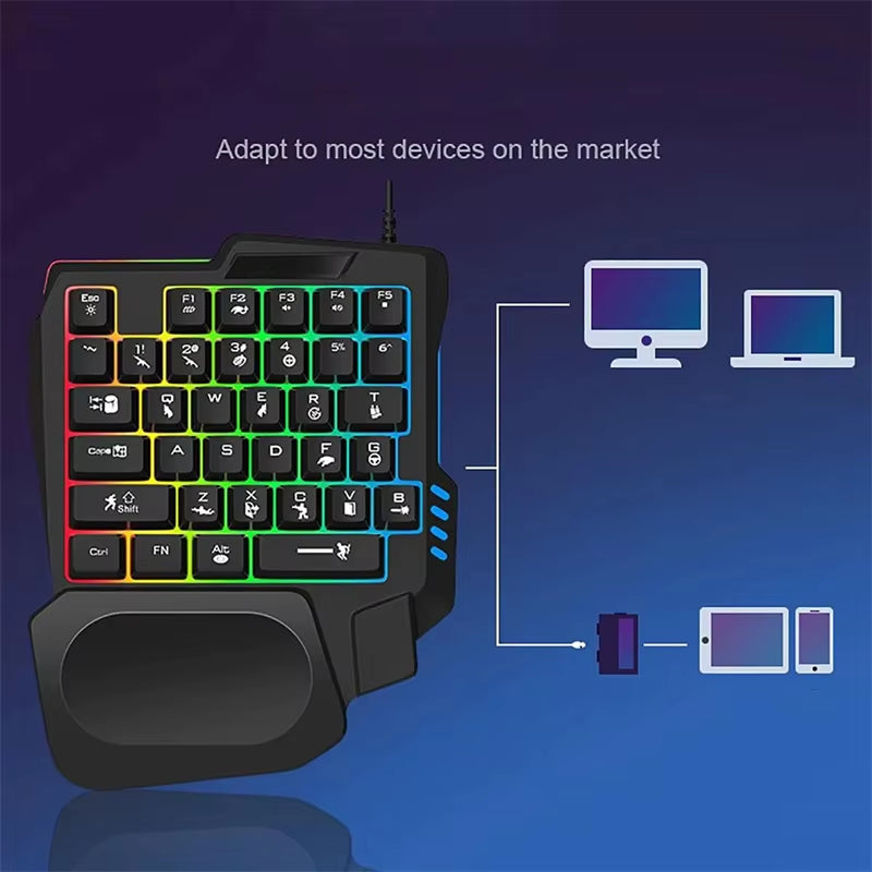 Ergonomic Single-Handed USB Wired Gaming Keyboard with 35 Keys and RGB Backlighting for Laptops and Desktops
