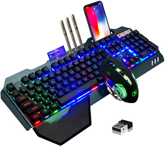 Ultimate Wireless Gaming Keyboard and Mouse Combo - Rechargeable Rainbow Backlit, 3800mAh Battery, Metal Panel, Mechanical Feel, Removable Hand Rest, 7-Color Mute Mouse for PC Gamers