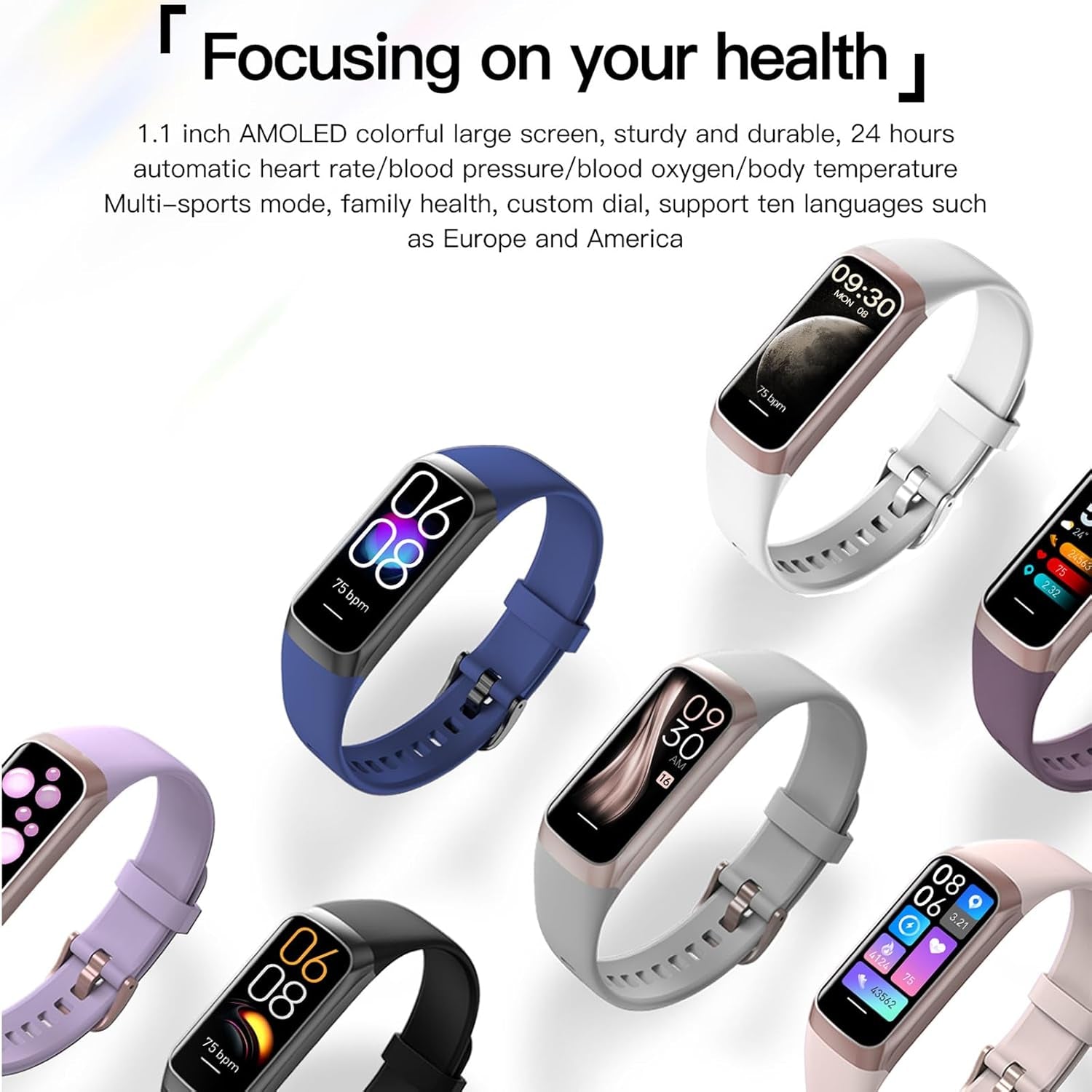 Advanced AMOLED Fitness Tracker for Men & Women - Waterproof Health Monitor with Blood Pressure, Calorie Tracking & Alarm Function for Android & iOS
