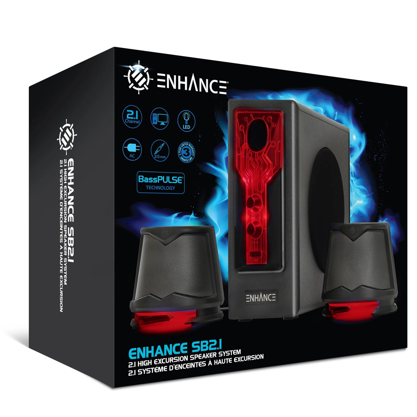 Elevate Your Desktop Sound with SB 2.1 Speakers! 🎶🔥 Subwoofer, Red LED Lights & Custom Volume/Bass Control!
