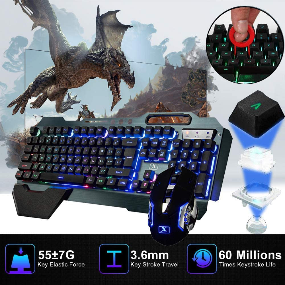Ultimate Wireless Gaming Keyboard and Mouse Combo - Rechargeable Rainbow Backlit, 3800mAh Battery, Metal Panel, Mechanical Feel, Removable Hand Rest, 7-Color Mute Mouse for PC Gamers