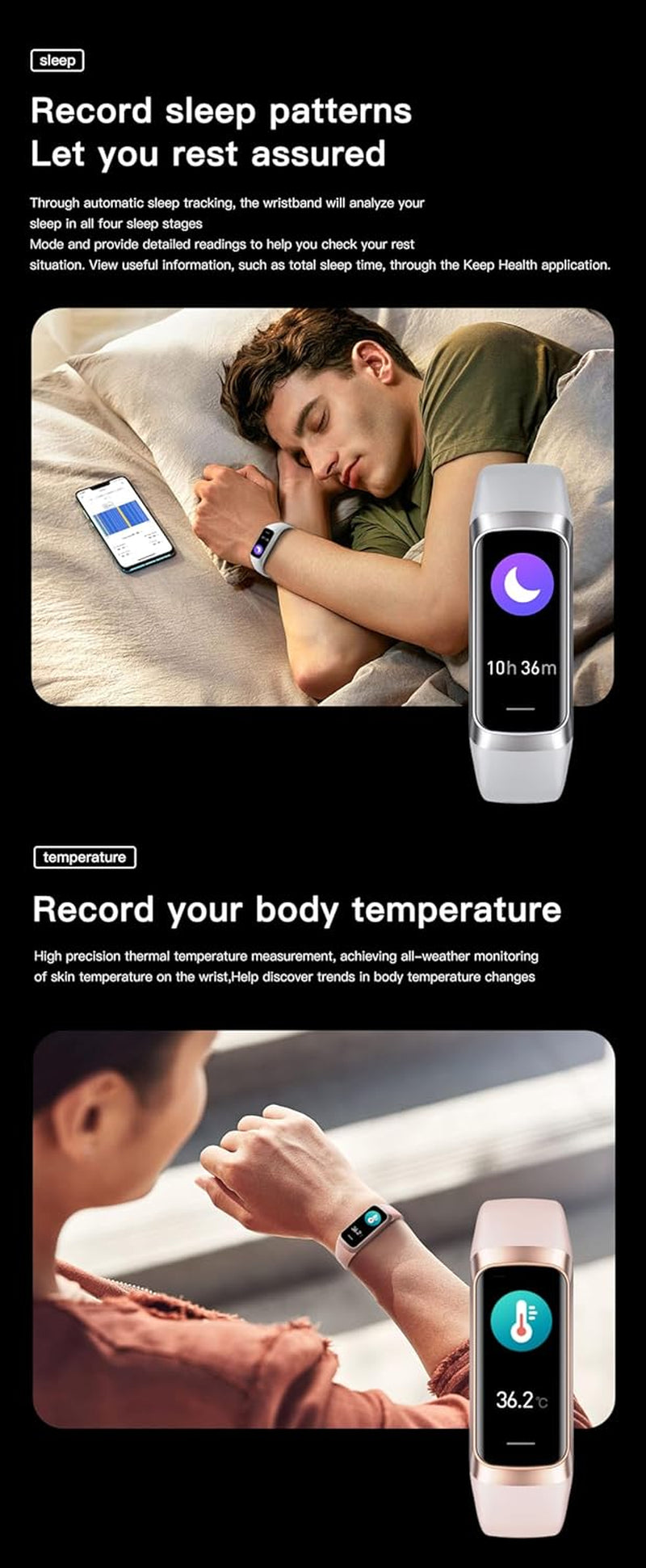 Advanced AMOLED Fitness Tracker for Men & Women - Waterproof Health Monitor with Blood Pressure, Calorie Tracking & Alarm Function for Android & iOS