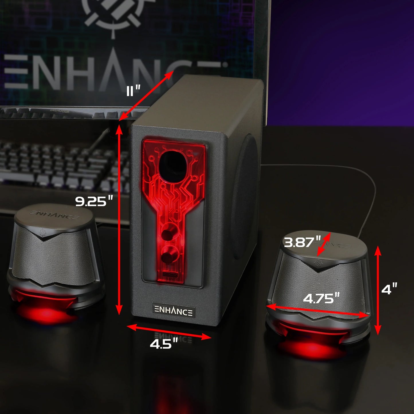 Elevate Your Desktop Sound with SB 2.1 Speakers! 🎶🔥 Subwoofer, Red LED Lights & Custom Volume/Bass Control!