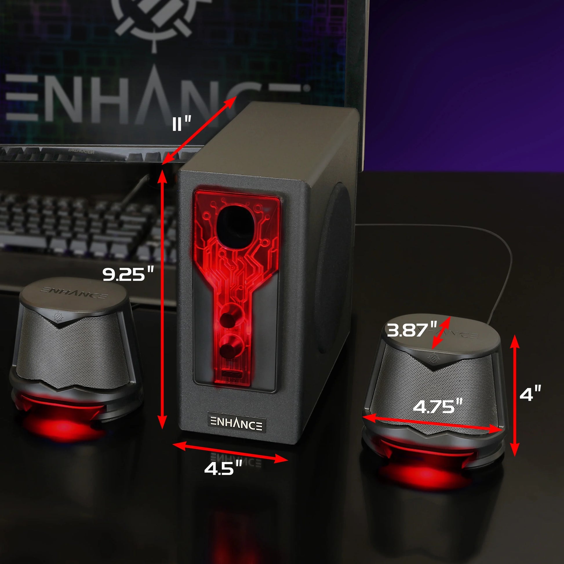 Elevate Your Desktop Sound with SB 2.1 Speakers! 🎶🔥 Subwoofer, Red LED Lights & Custom Volume/Bass Control!