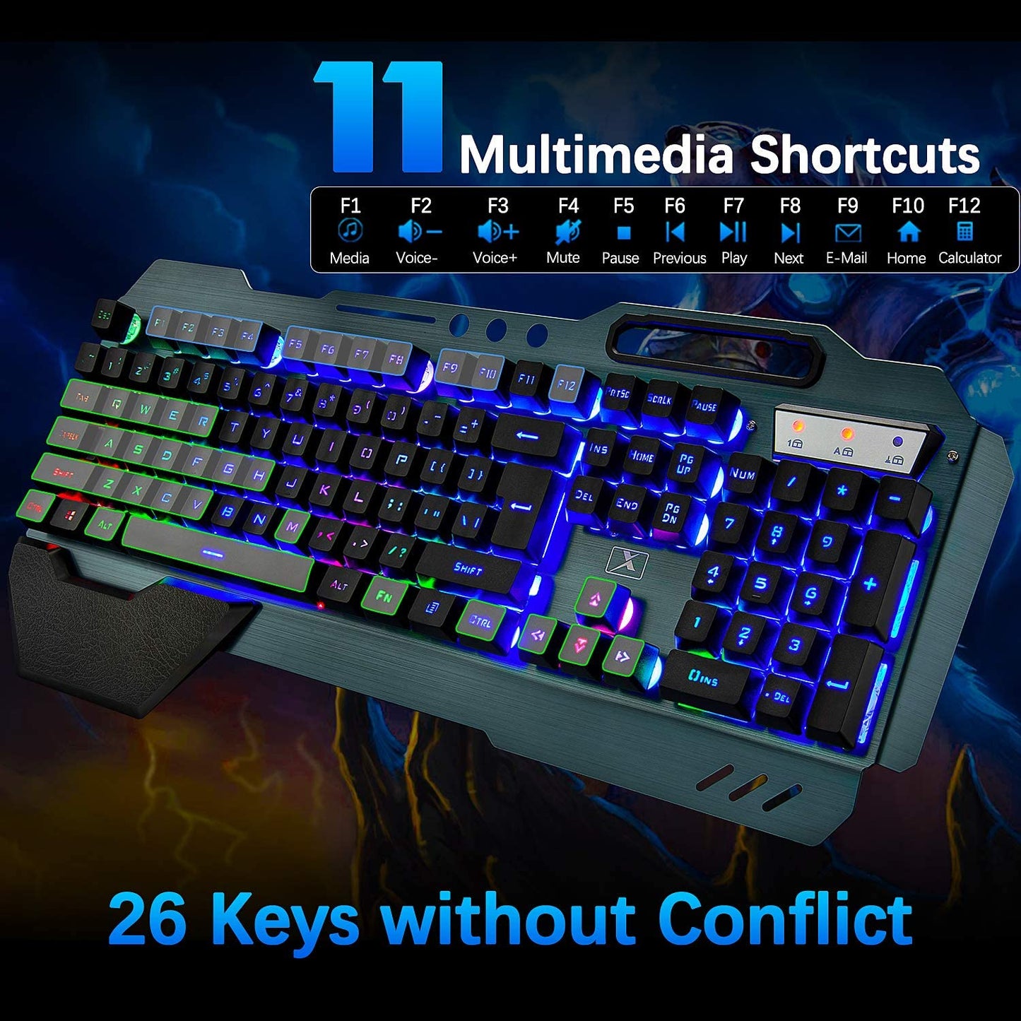 Ultimate Wireless Gaming Keyboard and Mouse Combo - Rechargeable Rainbow Backlit, 3800mAh Battery, Metal Panel, Mechanical Feel, Removable Hand Rest, 7-Color Mute Mouse for PC Gamers