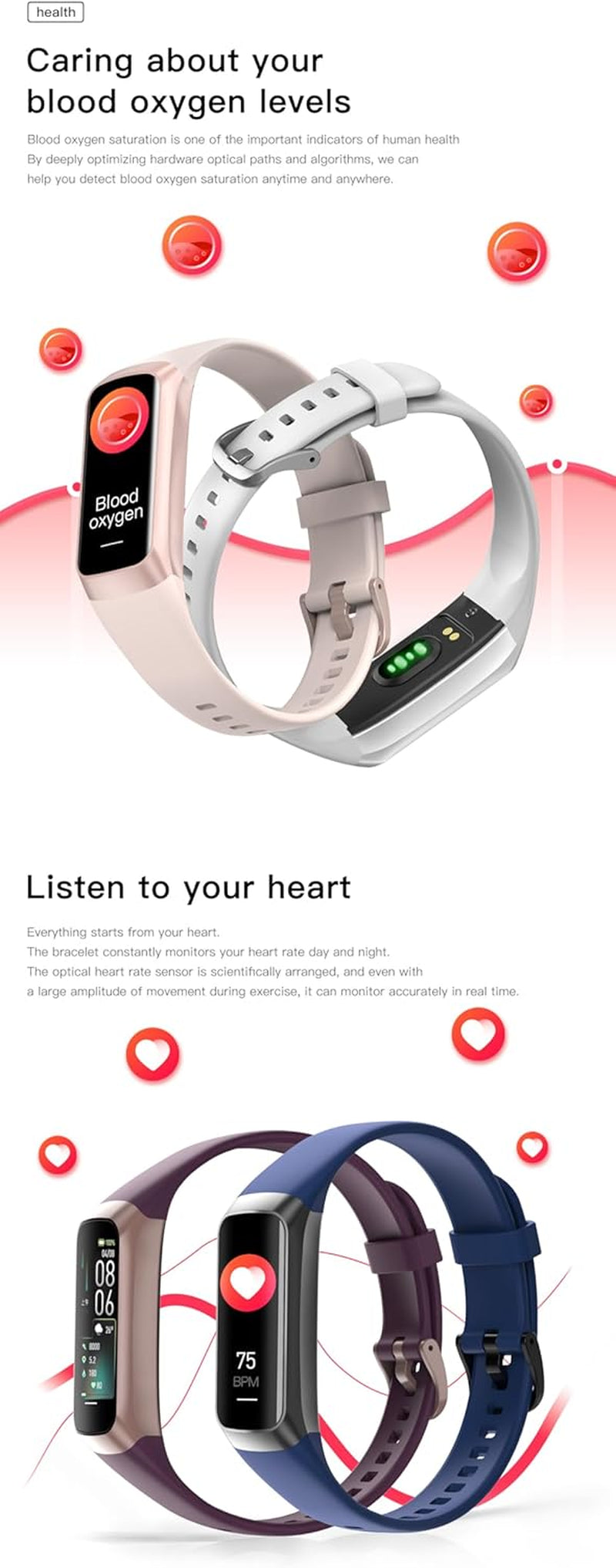 Advanced AMOLED Fitness Tracker for Men & Women - Waterproof Health Monitor with Blood Pressure, Calorie Tracking & Alarm Function for Android & iOS