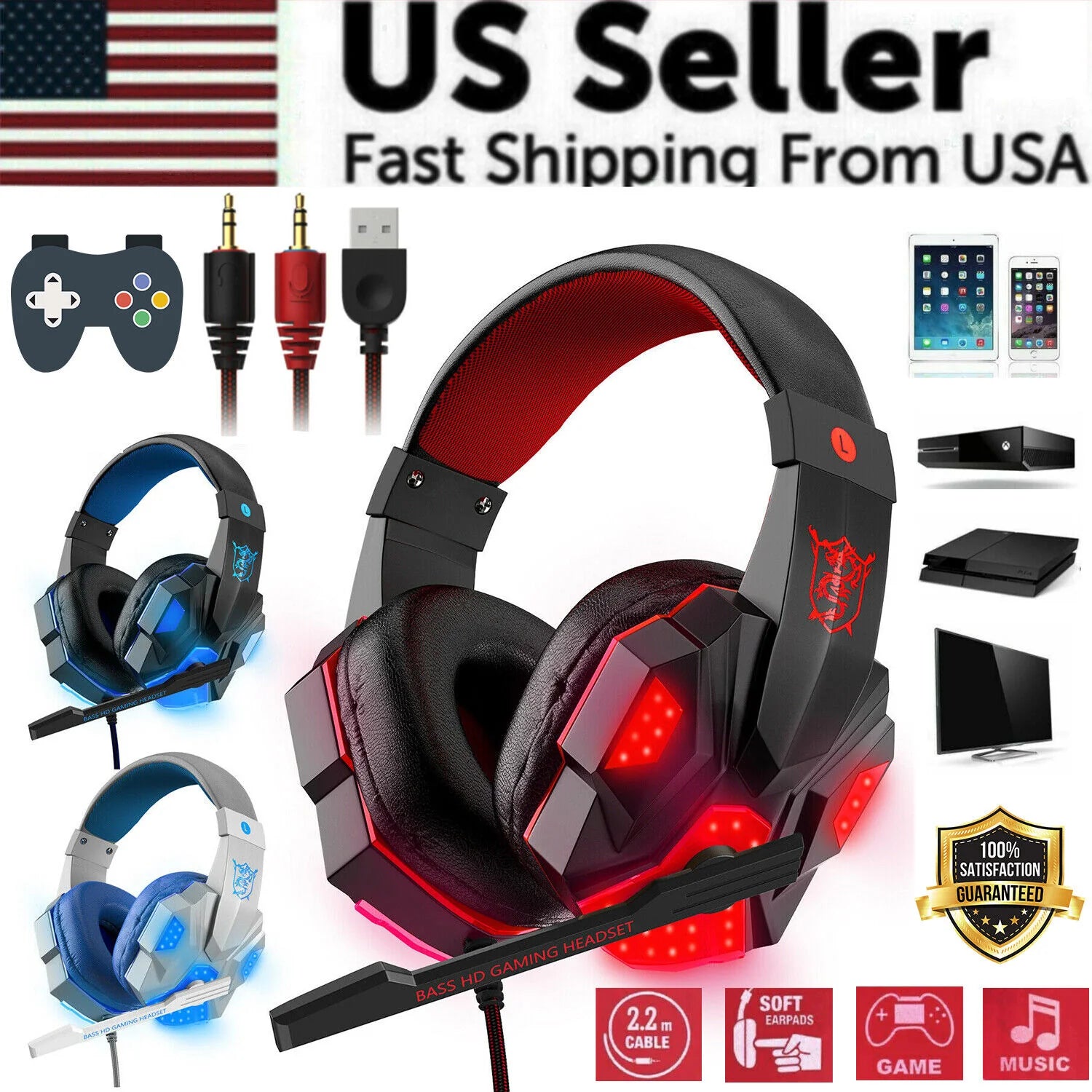 Ultimate 3.5mm Gaming Headset with LED Mic & Stereo Bass Surround for PC, PS4, Xbox One