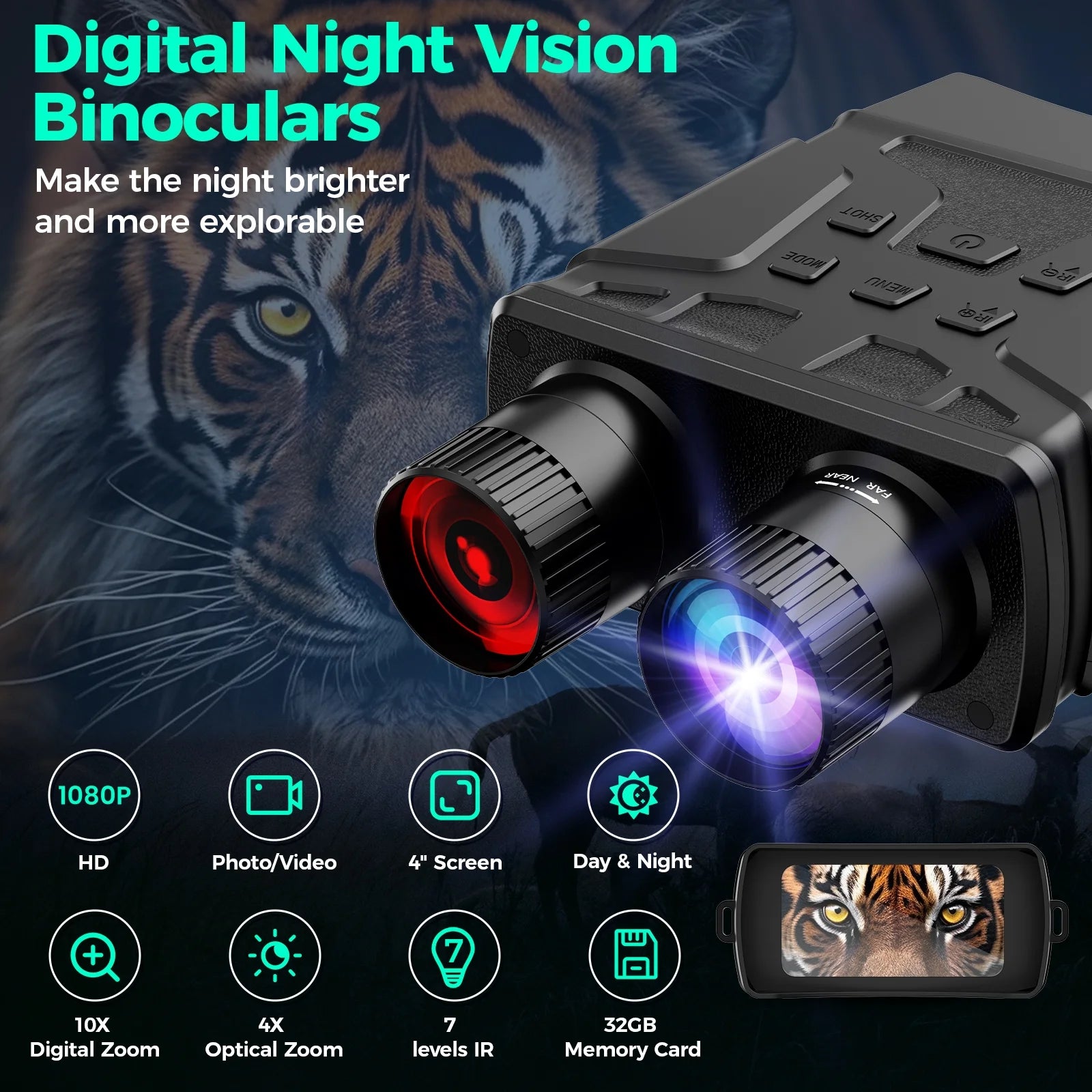 Ultimate Night Vision Goggles - 10X Digital Binoculars with 7-Level Infrared, 32GB HD Photo & Video, Type-C Rechargeable
