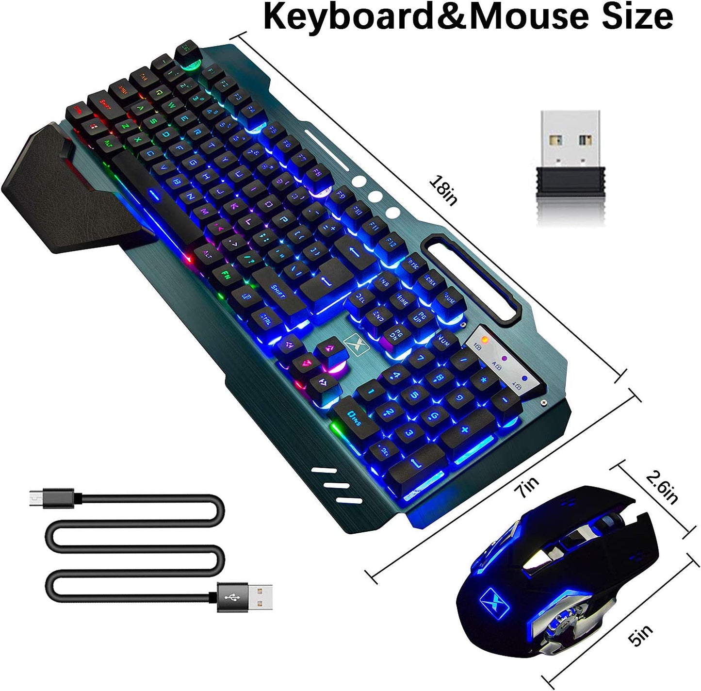 Ultimate Wireless Gaming Keyboard and Mouse Combo - Rechargeable Rainbow Backlit, 3800mAh Battery, Metal Panel, Mechanical Feel, Removable Hand Rest, 7-Color Mute Mouse for PC Gamers