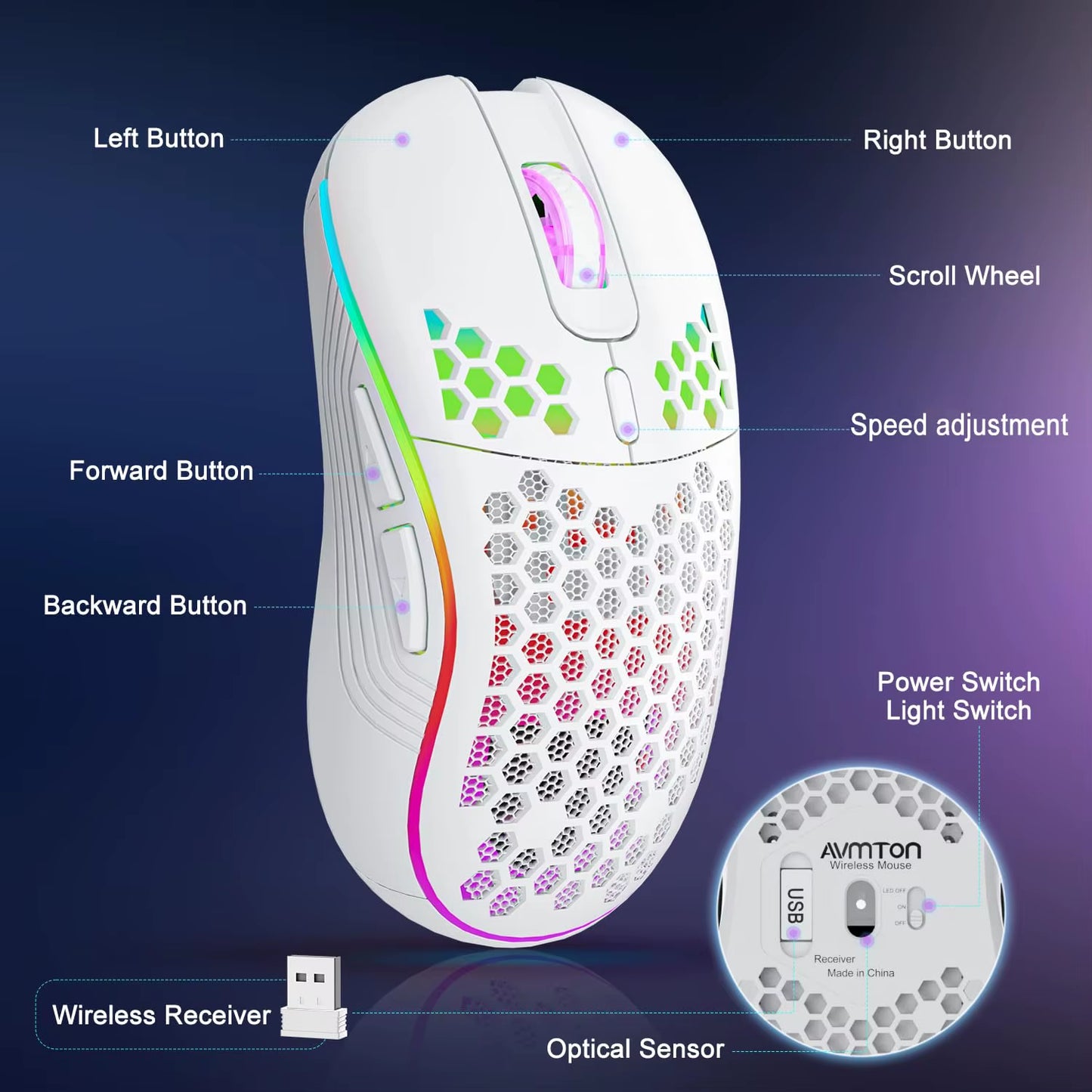 Level up your gaming with our 2.4G Wireless RGB Mouse! 🎮✨ Ergonomic honeycomb design, 6 customizable buttons, and fast Type C recharge. Get your game on! 🖱️💨 #GamingGear #RGBMouse #ErgonomicDesign