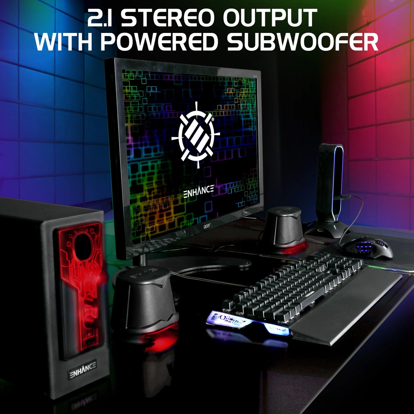 Elevate Your Desktop Sound with SB 2.1 Speakers! 🎶🔥 Subwoofer, Red LED Lights & Custom Volume/Bass Control!