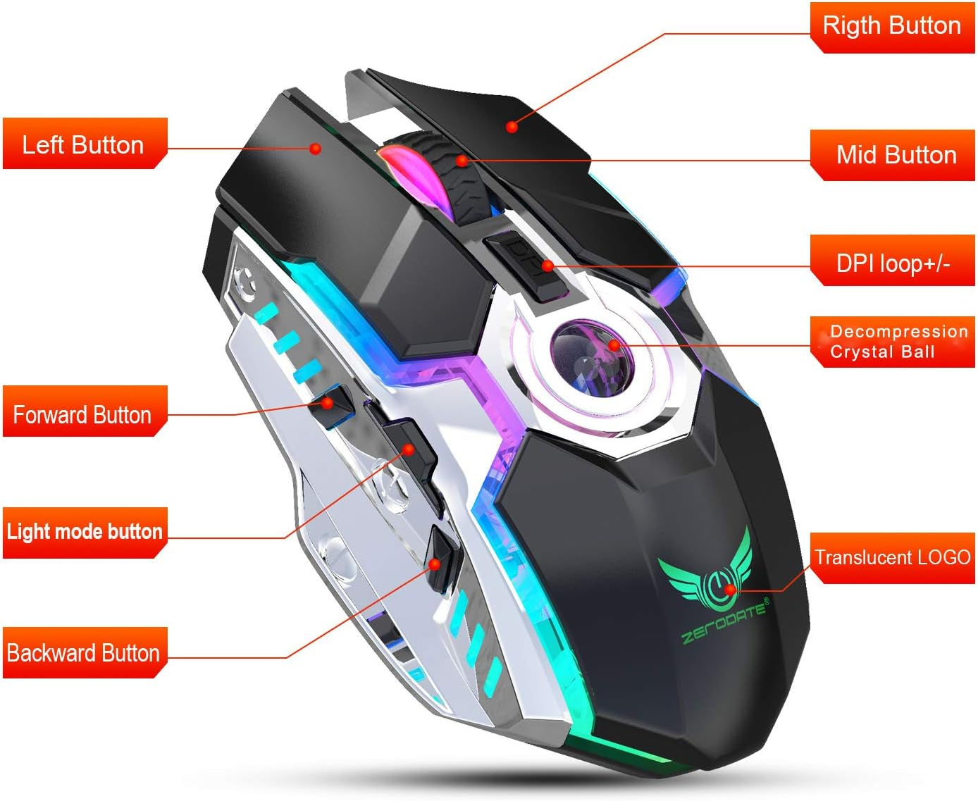 Rechargeable Wireless Gaming Mouse with USB Receiver and Decompress Crystal Ball - Black
