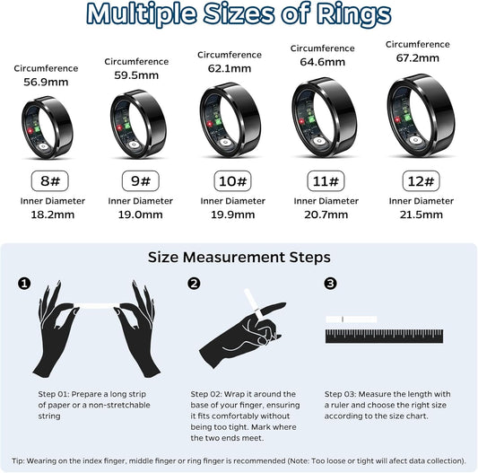 Smart Health Tracker Ring - Waterproof Fitness & Sleep Monitor with Heart Rate, Activity Tracking, Air Gestures, 7-Day Battery Life for iOS & Android (Black, Size #10)
