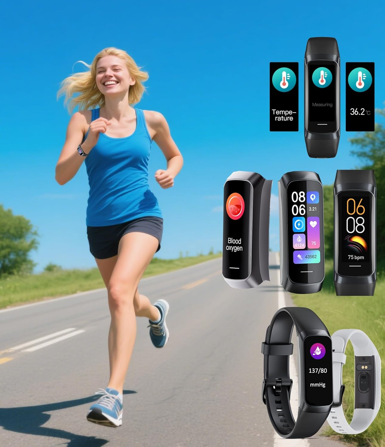 Advanced AMOLED Fitness Tracker for Men & Women - Waterproof Health Monitor with Blood Pressure, Calorie Tracking & Alarm Function for Android & iOS