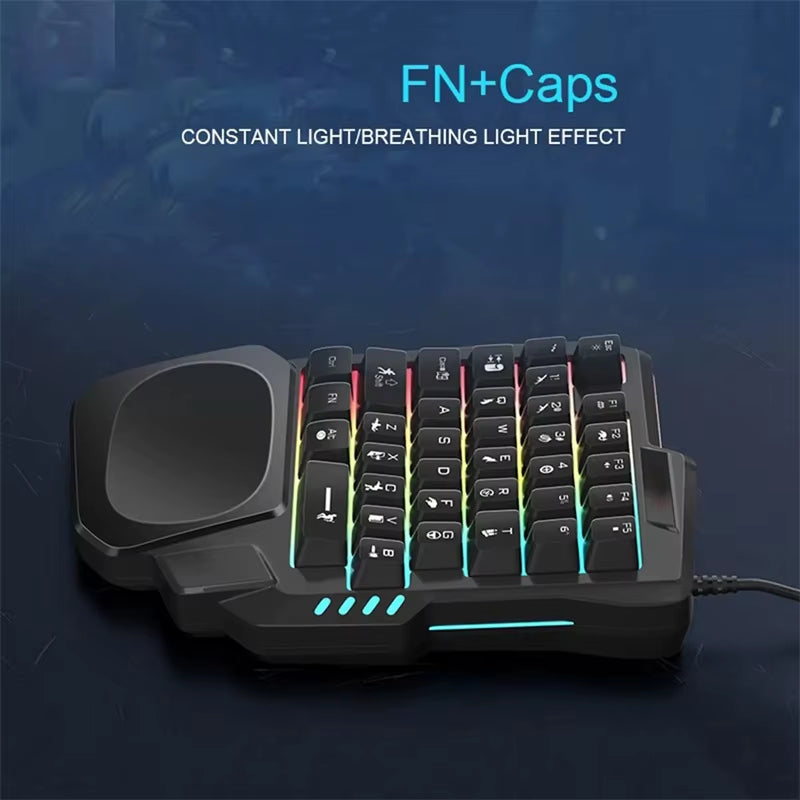 Ergonomic Single-Handed USB Wired Gaming Keyboard with 35 Keys and RGB Backlighting for Laptops and Desktops
