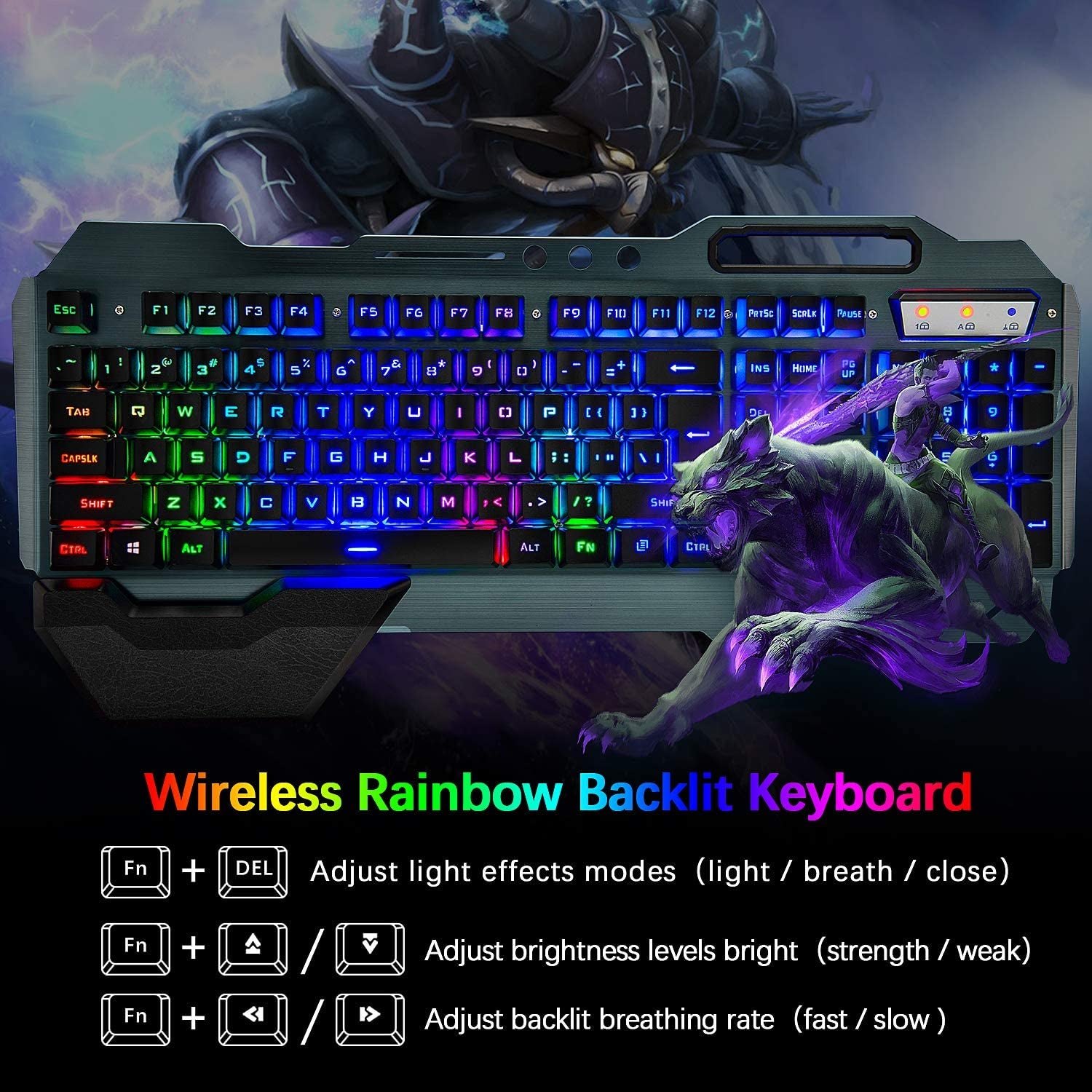 Ultimate Wireless Gaming Keyboard and Mouse Combo - Rechargeable Rainbow Backlit, 3800mAh Battery, Metal Panel, Mechanical Feel, Removable Hand Rest, 7-Color Mute Mouse for PC Gamers