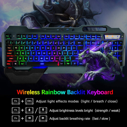 Ultimate Wireless Gaming Keyboard and Mouse Combo - Rechargeable Rainbow Backlit, 3800mAh Battery, Metal Panel, Mechanical Feel, Removable Hand Rest, 7-Color Mute Mouse for PC Gamers