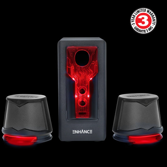 Elevate Your Desktop Sound with SB 2.1 Speakers! 🎶🔥 Subwoofer, Red LED Lights & Custom Volume/Bass Control!