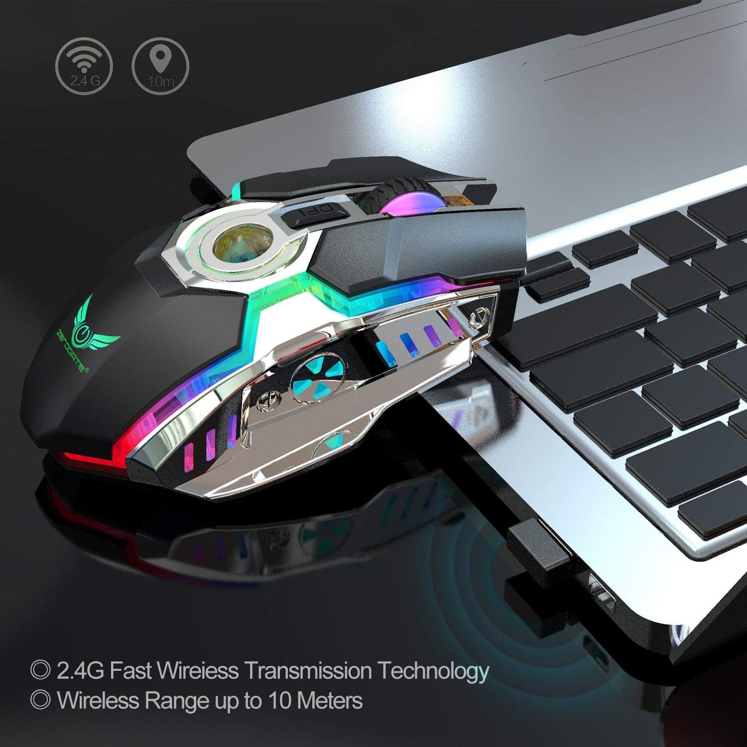 Rechargeable Wireless Gaming Mouse with USB Receiver and Decompress Crystal Ball - Black